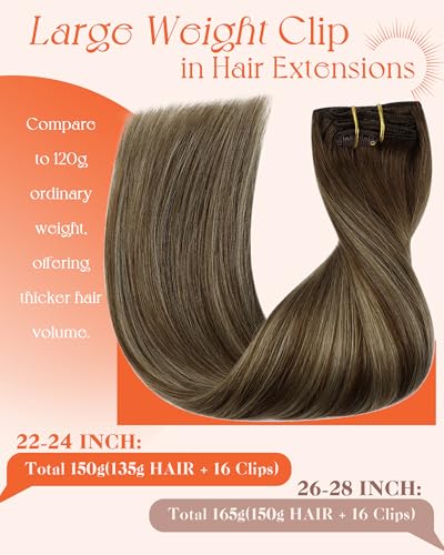 Image of Sunny Hair Clip in Hair Extensions Real Human Hair Brown Balayage 165g | 26 Inch Remy Clip in Hair Extensions Human Hair Brown Balayage Caramel Blonde, Natural Extra Long Shape for High Density