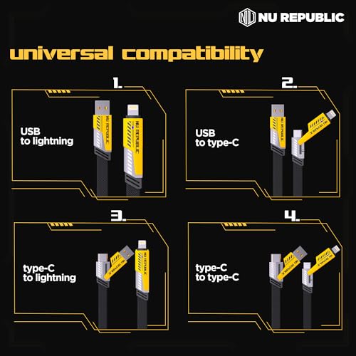 Image of Nu Republic Blaze Fusion-Q 65W 4-in-one 1.2m USB-A to Type-C to Type-C + Type-L Metal Connector Fast Data Charging Carbon Texture Braided Cable (Black)