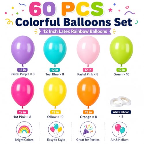 Image of Colorful Balloons, 60Pcs Rainbow Balloon, 12 Inch Latex Multicolor Balloons Bright Color Yellow Orange Hot Pink Teal Blue Green for Kids Birthday Baby Shower Summer Pool Hawaii Theme Party Decoration