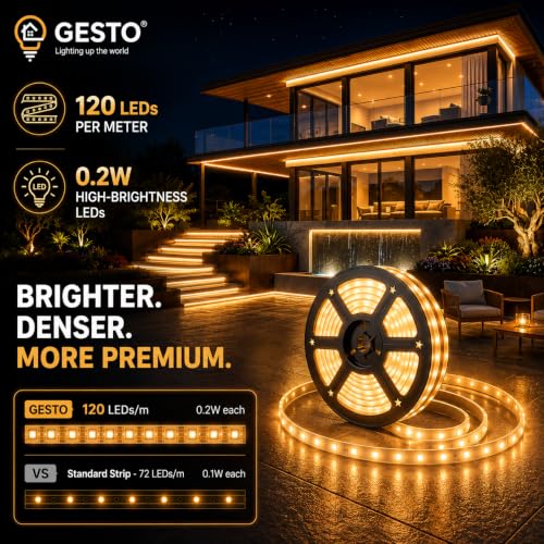 Image of Gesto 5 Meter Warm White LED Rope Strip Light | 120 LEDs /Mtr IP65 Waterproof Indoor & Outdoor Lights for Balcony, Home Decor & Cove Light for False Ceiling | Cuttable Every 1M for Diwali Decoration