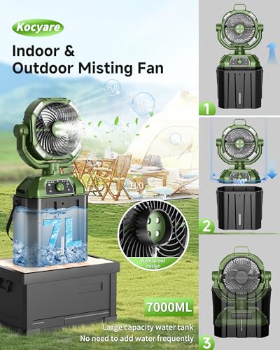 Misting fan with 7L bucket 90°Oscillating ,4 Spray Mister 25000mAh Rechargeable Camping fan with Remote Control Stepless Speed and Timer for Patios/Camping,Waterproof Design Outdoor Fans (Green)