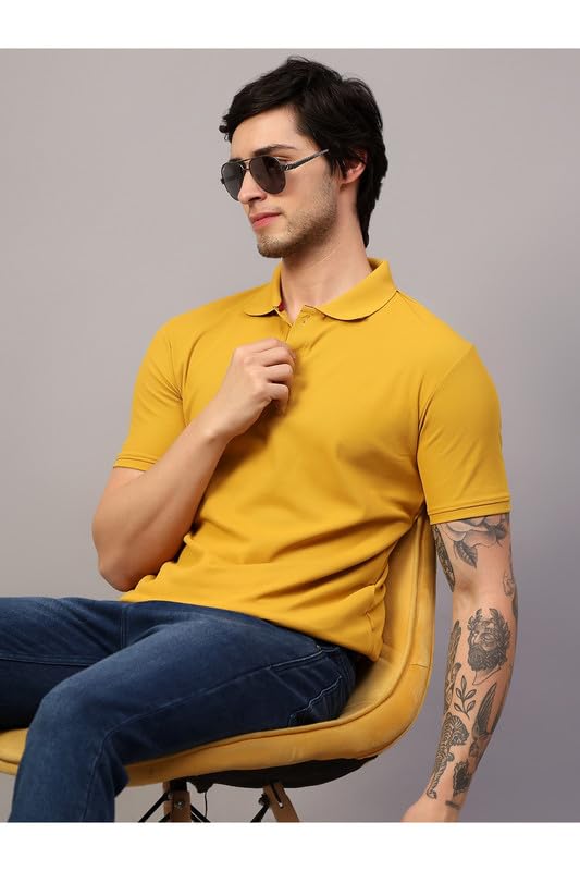 Image of Men's Poly Cotton-Matty Tshirt with Regular Fit Solid Pattern Half Sleeve Standard Length and Button Down Closure|Men's T-Shirts