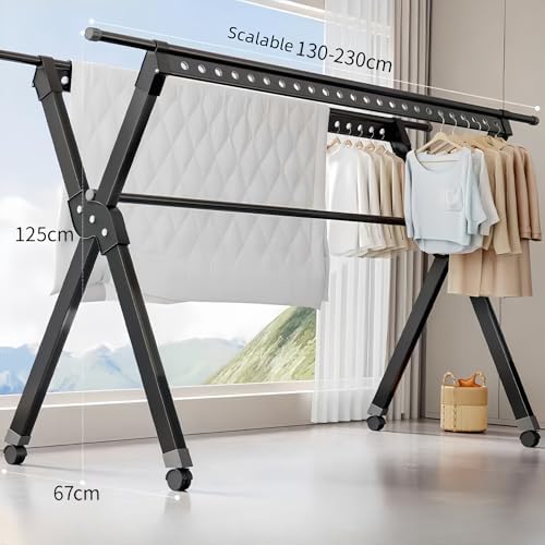 Freestanding Stainless Steel Clothes Drying Rack, Expandable Laundry Drying Rack for Clothes Sheets Shoes Dolls, Anti-Slip Design（C,130-230 cm）