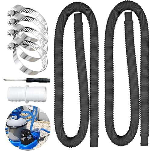2Pcs tuyau piscine 32mm, avec 4 Clips de Sécurité Métalliques, 150cm Tuyau de Rechange pour Piscine, pour d'aspiration et Tuyau de Pompe, Noir