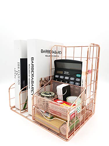 Rose Gold Mesh Desk Organizer Office Accessories (Give for Four Binder Clips) Multifunctional Desktop with 6 Compartments 1 Sliding Drawer for Home, Office, Cosmetic, Home Decor Box Storage