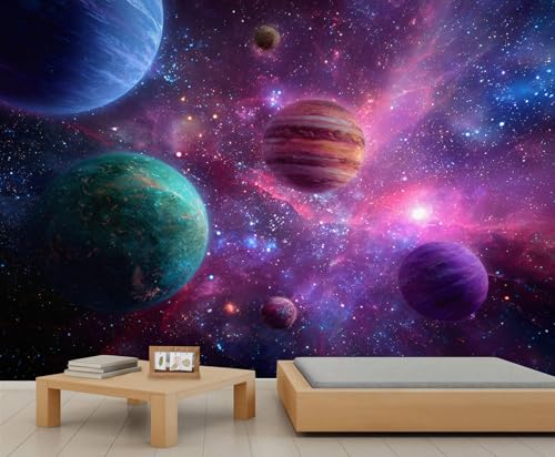 Image of Fantasy Space Galaxy Wall Murals Universe Planets Colorful Nebula Mural Vibrant Space Scene Wallpaper for Bedroom Cosmic Planets Mural Not Peel and Stick 350 x 256 cm