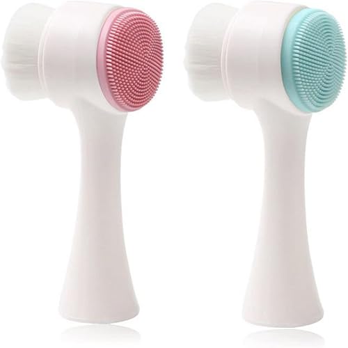 Cepillos faciales de doble cara, cepillo de lavado facial vertical de silicona 3D, cepillo de limpieza facial 2 en 1, cepillo manual de doble acción