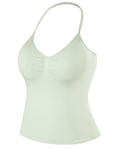 AUROLA Influence Longline Strappy Workout Halter Tops for Women,Removable Cups Padded Bras Impact Gym Yoga Sleeveless Top - Small - Fog Green