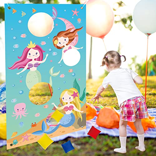 Meerjungfrau Wurfspiele Banner, Meerjungfrau Sitzsack Wurfspiel, Meerjungfrau Hintergrund Türdeko Banner, für Meerjungfrau Deko Banner Karneval Kinder Partyspiele Sitzsack Wurfspiel (29.5 * 53in) Cover