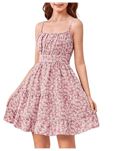 SweatyRocks Mädchen Kleid Spaghettiträger Sommerkleid Blümchenmuster Freizeitkleid Boho Mädchenkleider Kurze Kleider mit Rüschenbüste...