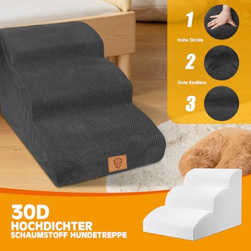 Thihome Hundetreppe für Kleine Hunde, Haustiertreppe 3 Stufen, Hochdichtem Schwamm Hundetreppen 40cm Hoch, Hunde Treppe mit Waschbarem Bezug, Rutschfestem Hunderampe für Bett & Sofa, Schwarz