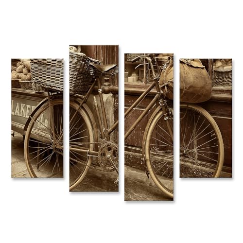islandburner Cuadro sobre lienzo con encanto vintage de bicicleta para cocina o comedor – para amantes de la nostalgia – 4 piezas