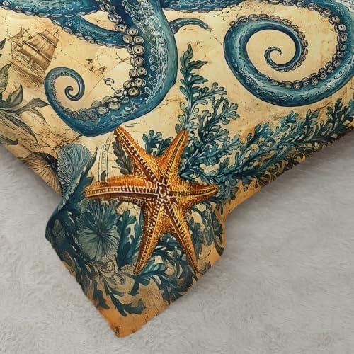 Image of AILONEN Vintage Octopus Twin Comforter Set, Nautical Compass Artwork Printed Ensemble, 3 Piece Microfiber Down Alternative Fill for Students Dorm Residents