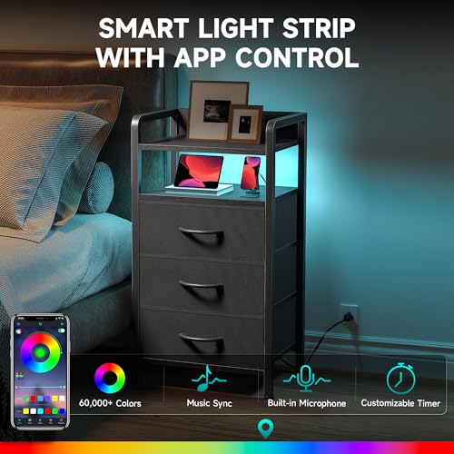 Night-Stand-Bedside-Table-Bedroom-Nightstand-with-Charging-Station-LED-Light-Strip-Bed-Side-Table-with-Storage-Shelf-3-Fabric-Drawers-Morden-Black-End-Table-with-U-S-B-Ports-AC-Outlets