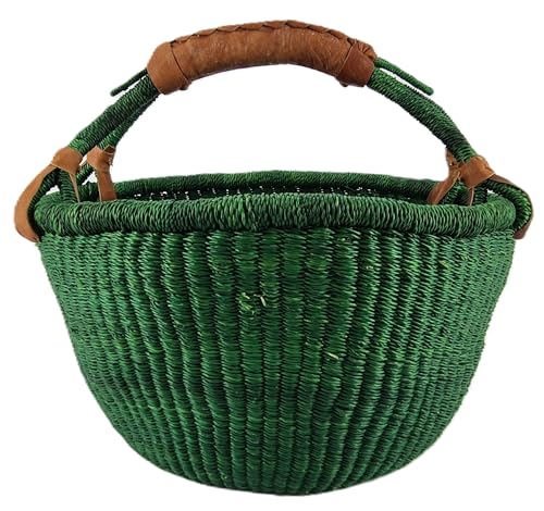 Cesta Redonda Bolga Mediana aprox. Ø 30 x 30 cm – Hecha a Mano en Ghana – Comercio Justo – Cesta de Compra con Asa de Cuero – Verde Oscuro