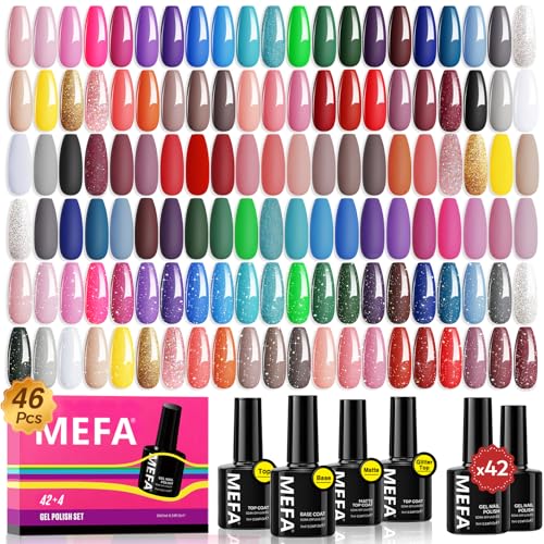 MEFA 47 PCS Gel Nail Polish Kit, 42 Colors Collection Pink Purple Colorful Gel Polish Set with 5 Pcs Base and Glossy/Matte/Glitter Top Coat DIY Manicure Art at Home Gifts for Women