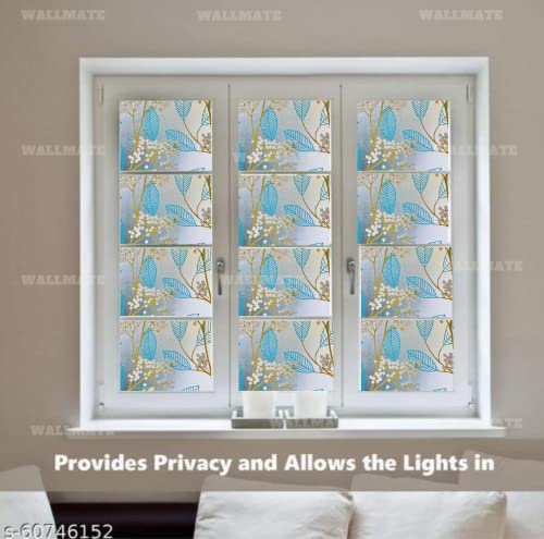 Image of WALLMATE Self Adhesive Window Film Frosted 3D Glass Door Window Frosted Film for Home /Office /Bathroom & Living Room Multicolor Frosted Film (24 x 144 Inch, Blue Leaf)