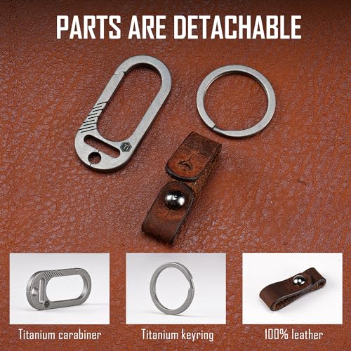 Image of KeyUnity KM02 Titanium Belt Clip Carabiner Leather Keychain Holder with Removable Stainless Steel Key Ring