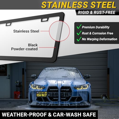Image of Premium Slim Matte Black License Plate Frames - Best Value 4 Pack, Rust-Free Stainless Steel & Rattle-Free, Street Legal, Universal with Screw Caps, Thin Edged Metal Front & Rear Car Tag Holders