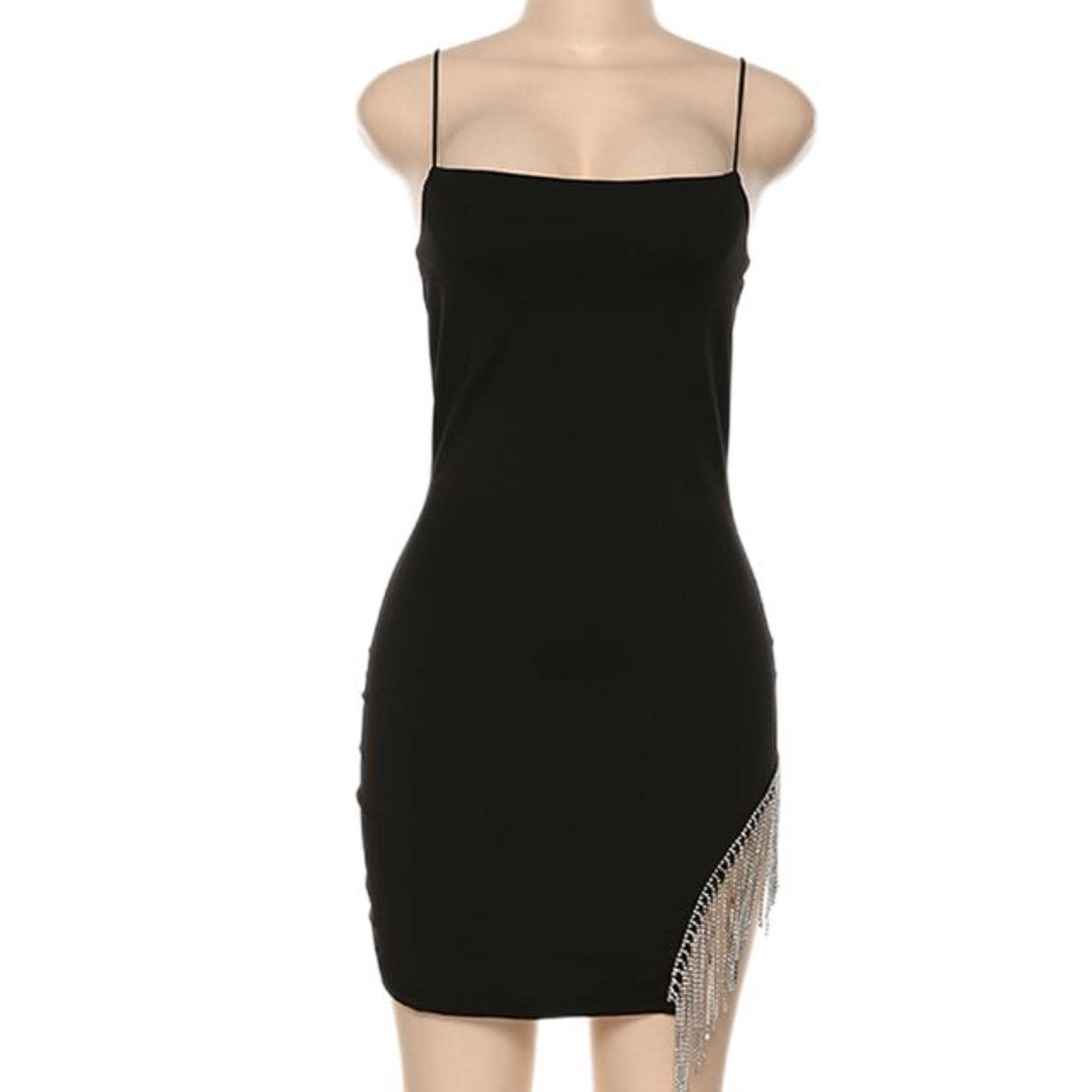 WSZJLN Sexy Streetwear Tassel Party Dress 90s vintage Women Spaghetti Straps Backless Split Bodycon Summer Women Elegant Dress-Black,L