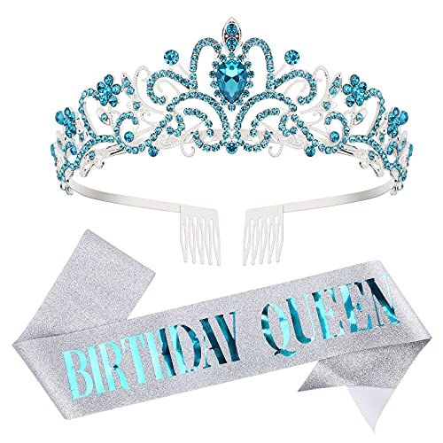 Blue Birthday Tiara and Sash for Women ,Araluky HAPPY Birthday Crowns Comb Queen Sash Princess Crystal Headband Supplies Gifts for Girl Women with Fun Party Blue polarized light Lettering