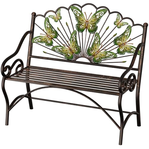39.7 Arched Back Garden Bench Metal Outdoor Bench with Scalloped Butterfly Pattern Backrest Heavy Duty Patio Loveseat with Armrests & Slatted Seat for Front Porch Backyard Lawn & Park Black