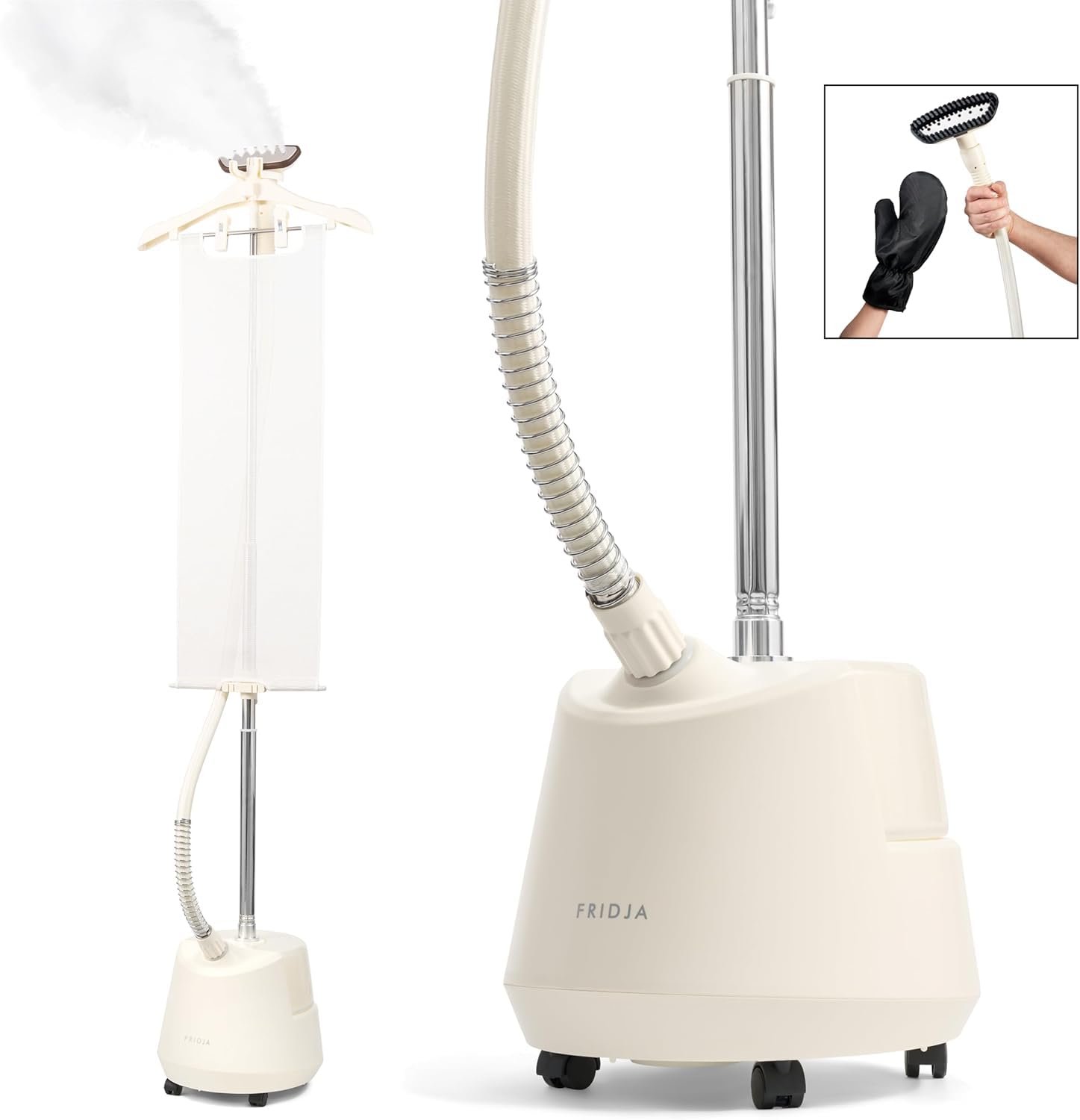 Fridja F1200 - Plancha de Vapor Vertical con Cepillo de Vapor de alta eficacia, depósito de 3 litros, Vaporizador de 2 modos, barra extensible, Centro de Planchado para todos los tejidos, color blanco