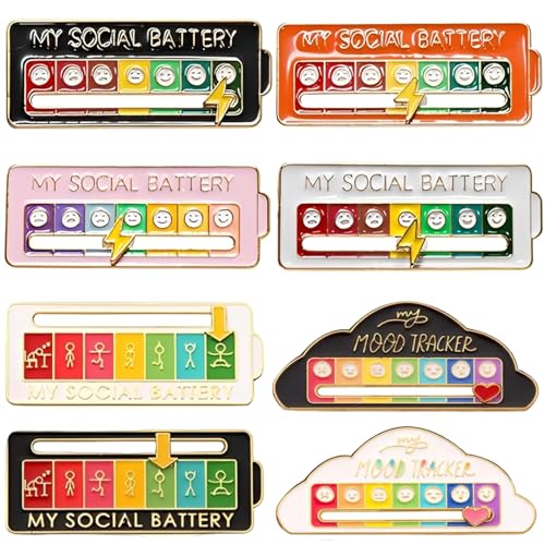 8 Pcs Social Battery Badge My Social Battery Pin Badges Funny Pins for Everyday Wear Set of 8 Mood Pins in White Black Orange Pink Cloud White Cloud Black White Gymnast Black Gymnast