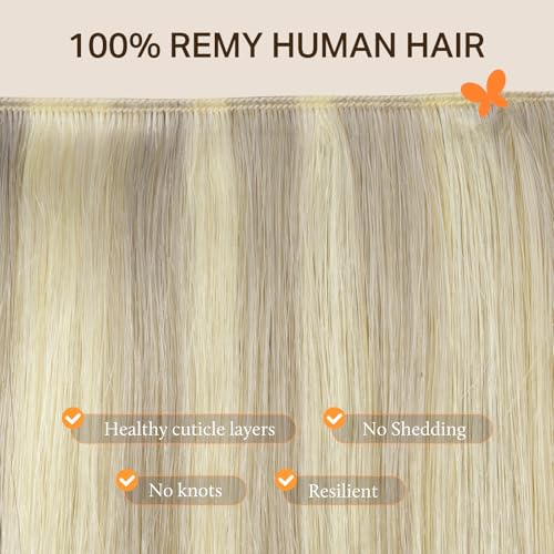 Image of DOORES Genius Seamless Weft Hair Extensions Human Hair, Ash Blonde Highlighted Platinum Blonde 18 Inch 100g, Hand Tied Weft Extension Sew in Natural Straight