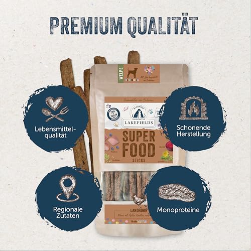 Lakefields SUPERFOOD Sticks | Premium Hundeleckerli für Welpen | Huhn 61% | 130g | Getreidefreie & nährstoffreiche Hunde Snacks | Mit Fenchelsamen & Heidelbeeren | Entwickelt mit Tierärzten