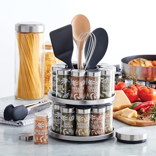 Image of Kamenstein Salem 20-Jar Rotating Spice Rack with Spices Included, Stainless Steel Countertop Organizer with Sifter Caps and Tool Caddy, Spice Set for Kitchen Organization