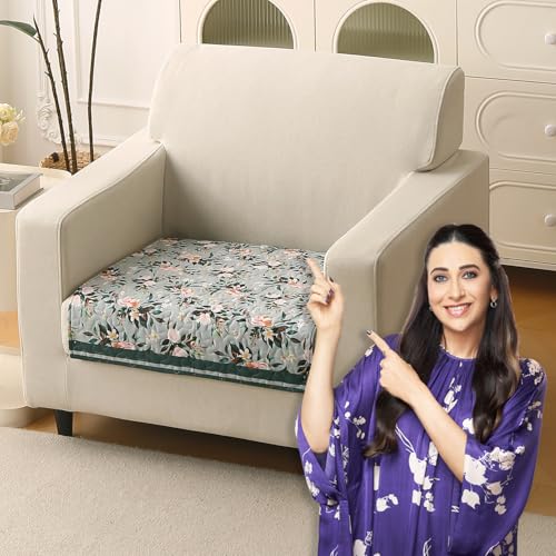 Image of HOKIPO 'Florentina Series' Premium Holland Velvet Sofa Cover Mat for 1 Seater Sofa with Foam Filling for Extra Softness, Anti-Slip Backing, Magnolia Green (IN-878-V1*1)