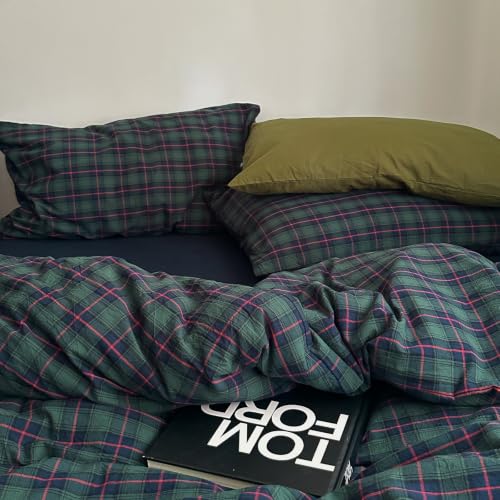 Image of VM VOUGEMARKET Green Gingham Duvet Cover King 100% Washed Cotton | Classic Green Navy Pink Plaid Checkered Comforter Cover Set for Contemporary Bedroom Decor