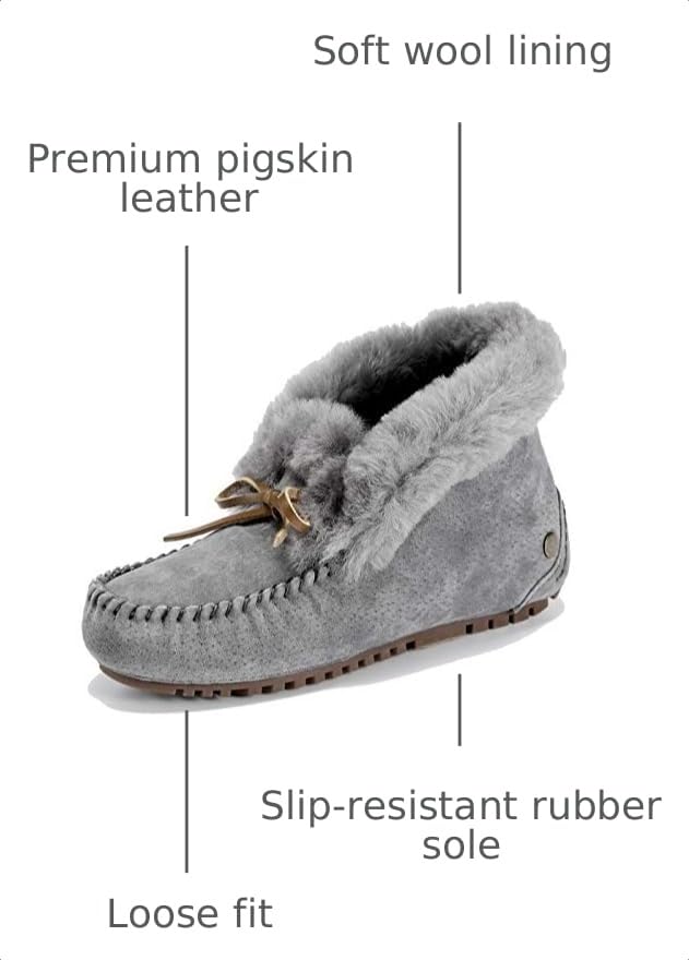 Image of Women's Moccasin Slippers with Warm Wool Lining, Pigskin Leather Non-Slip Rubber Sole for Indoor and Outdoor Casual Winter Flat Shoes