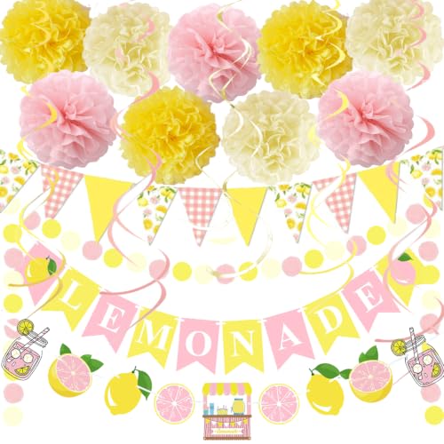 Image of Tesochye Lemon Party Decorations,Pink and Yellow Lemonade Stand Decor | Lemon Triangle Banner, Lemonade Banner,Tissue Pom Poms, Hanging Swirls,Circle Dots Garland for Lemon Birthday Bridal Shower
