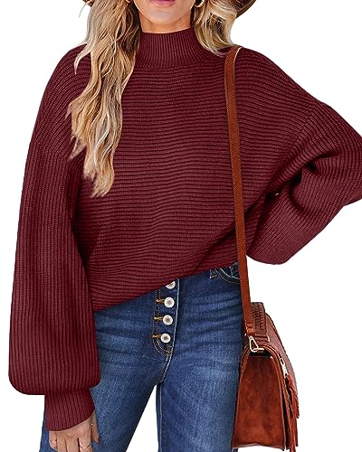 Womens Sweaters 2023 Fall Winter Ribbed Knit Lantern Sleeve Oversized Pullover Tops