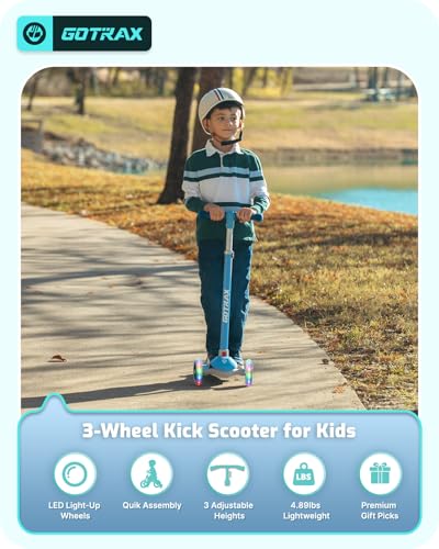 Image of Gotrax KS1 Kids Kick Scooter, LED Lighted Wheels and 3 Adjustable Height Handlebars, Lean-to-Steer & Widen Anti-Slip Deck, 3 Wheel Scooter for Boys & Girls Ages 2-8 and up to 110 Lbs