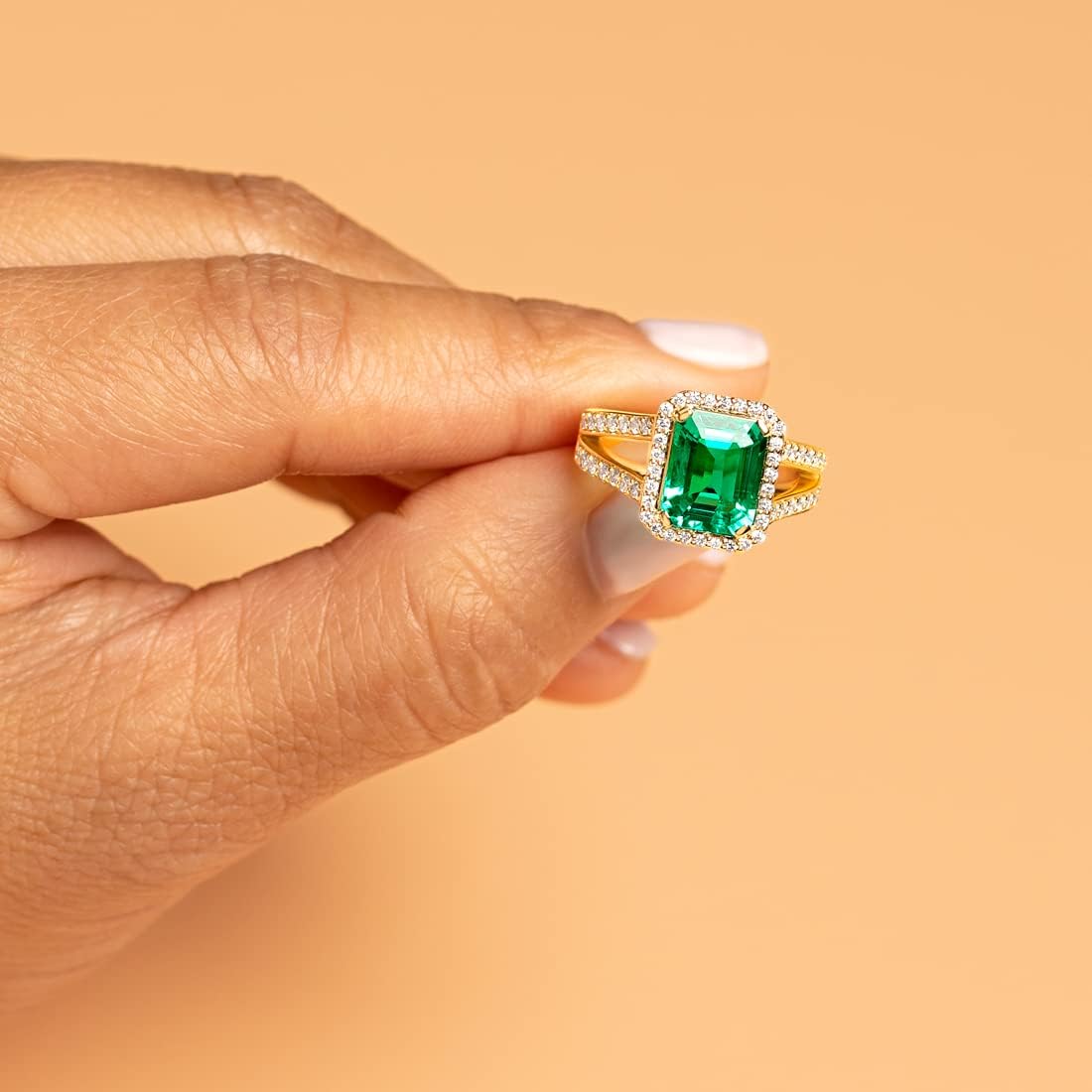 PEORA 3.50 Carats Created Colombian Emerald Lab Grown Diamond Ring in 14K White or Yellow Gold, Emerald Cut, Size 4 to 10