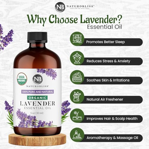 Image of NaturoBliss Organic Lavender Essential Oil, 100% Pure Therapeutic Grade, Premium Quality, 1 fl. Oz / 30 ml - Perfect for Aromatherapy and Relaxation (30ml)