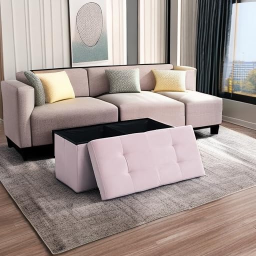 Image of Storage Ottoman Bench Foldable Footrest Foot Stool, 30 inch Velvet Pink | Small Ottoman Foot Rest Seat Shoe Bench Flip-Top forliving Room End of Bed Bedroom Couch Dorm, 80L Folding Upholstered Chair