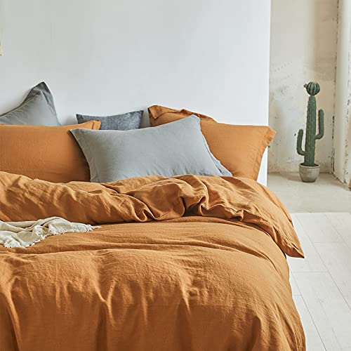 Simple&Opulence 100% Linen Duvet Cover Set 3Pcs Natural French Basic Style Washed Flax Solid Color Breathable Soft Farmhouse Bedding With Button Closure (Rust, King) #TOP6