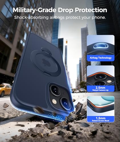 Image of FNTCASE for iPhone 15 Plus Case: iPhone 14 Plus Phone Case [360 Spin Magnetic Stand] [Compatible with Magsafe] [Screen Protector] Translucent Matte Military Grade Shockproof Phone Cover - Deep Blue