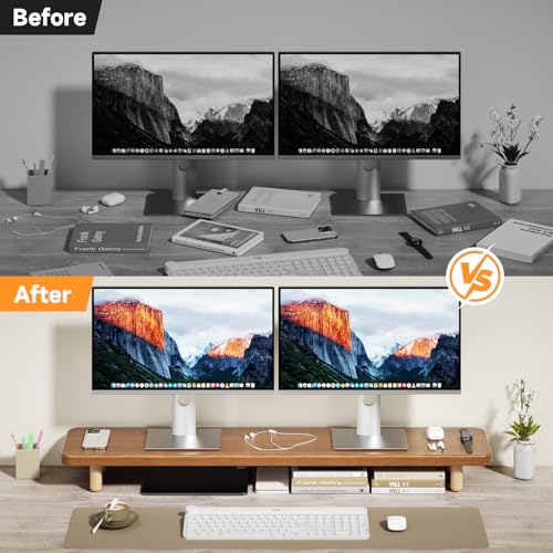 Image of Dual Monitor Stand Riser, 39 Inch Extra Long Wooden Desktop Monitor Riser with Storage for 2 Monitors Ultra Strong Desk Shelf Organizer Riser Ergonomic for 2 Screens /Laptop /PC /TV /Printer (Walnut