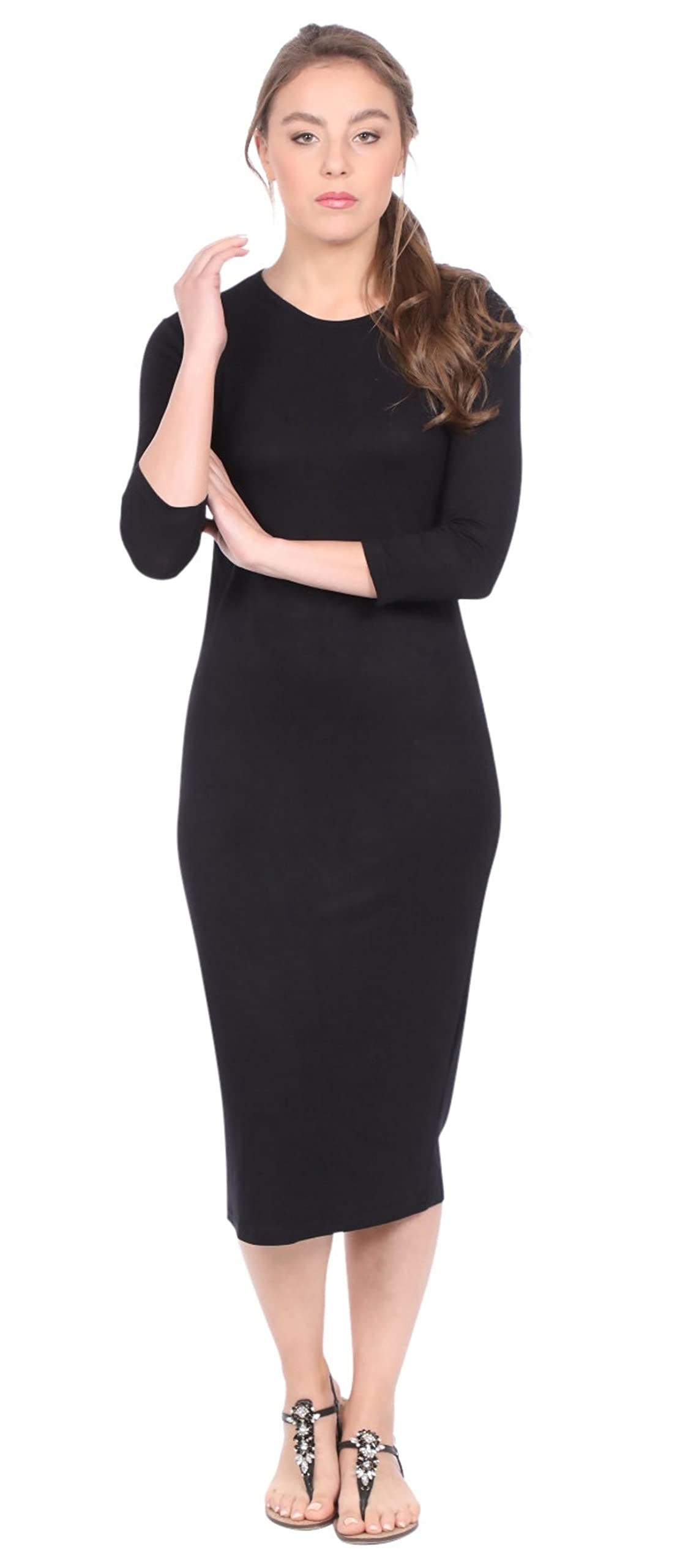 Kosher Casual Women's Modest Knee Length 3/4 Sleeve Layering Midi Dress, Black, M