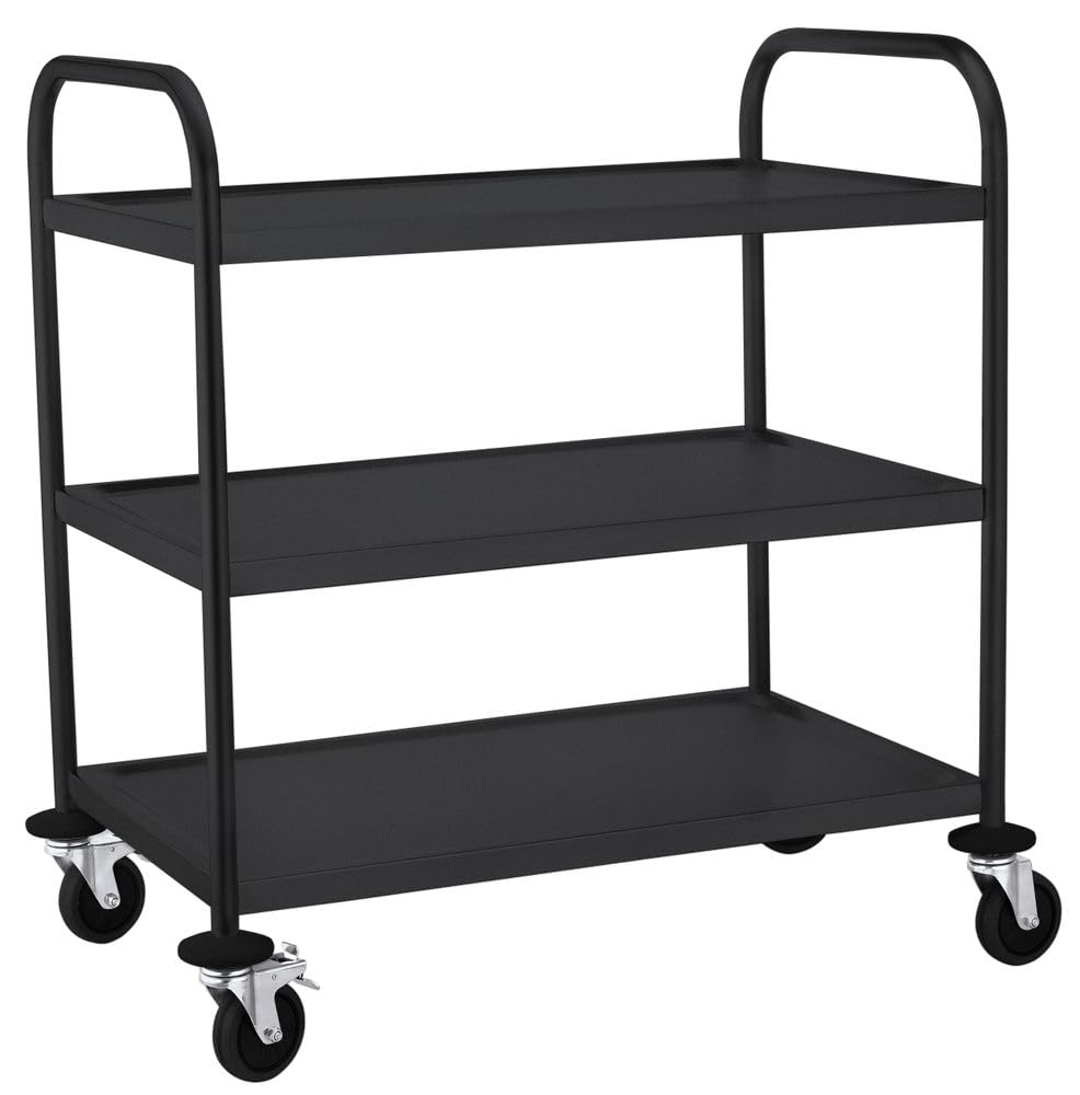 HENDI Servierwagen, für Geschirr, Küchenwagen, mit 4 Lenkrollen-2 Davon gebremst, 3 Regalböden, Max. Traglast pro Boden 50kg, 905x585x(H) 945mm, Blech 830x510mm, Edelstahl, Mattschwarz
