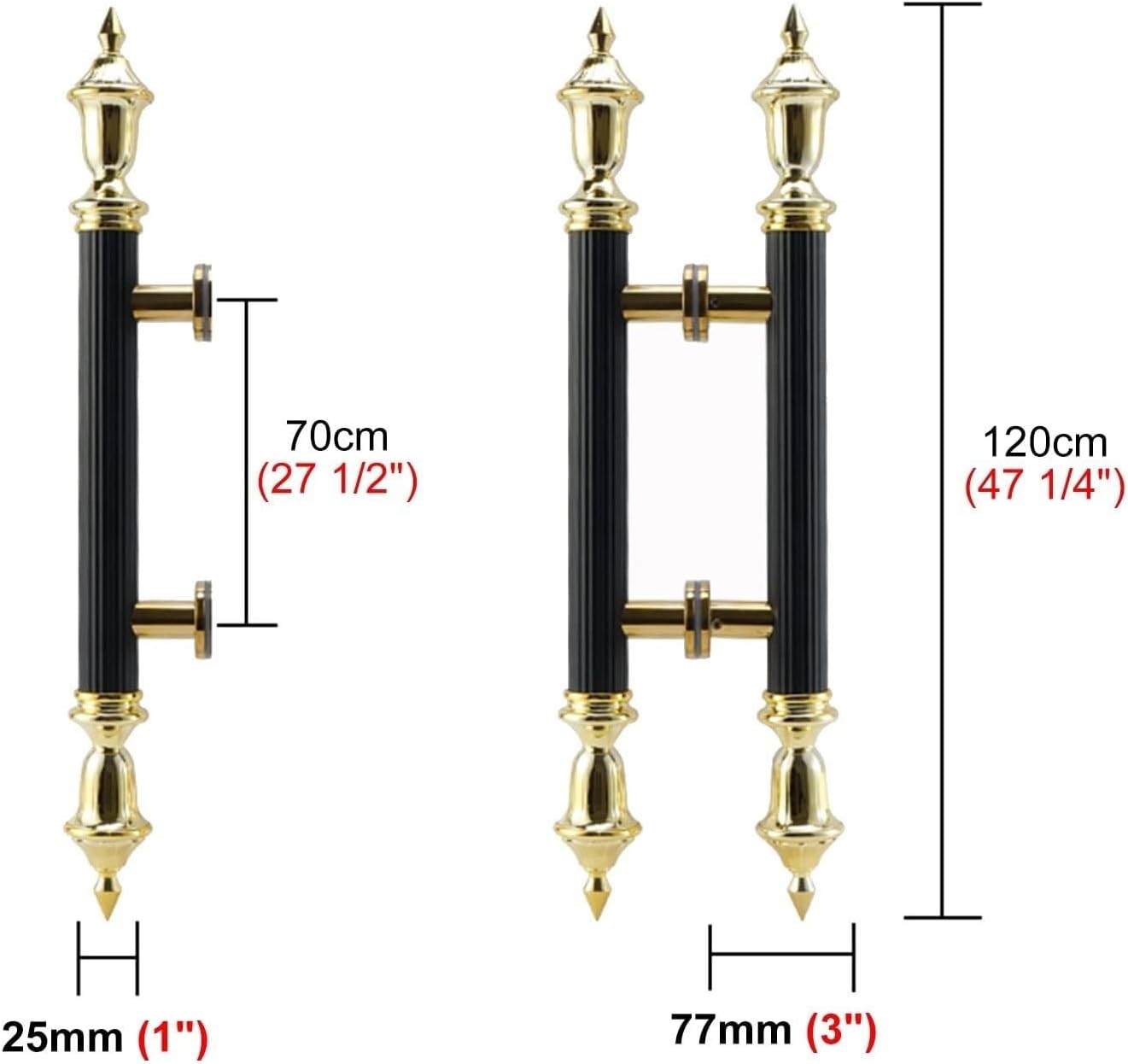 Commercial Large Door Handle Black and Gold,Round Pole Bar Handles with Retro Style Ends,Push Pull Door Handle for Shopping Mall/Building Entry Gate