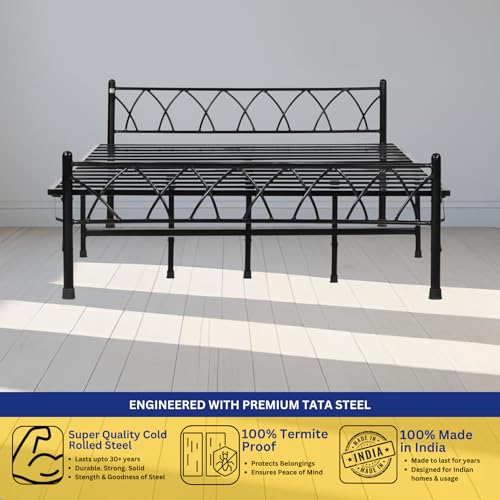 Image of DELITE KOM Mario Metal Bed | King Size Folding Metal Bed (6.4ft x 6ft) Foldable, Portable, No Installation | Strong Steel Frame | Powder Coated | for 75 inchx72 inch Mattress | Glossy Black |1 Year Warranty
