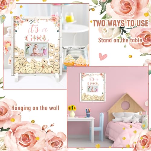 Image of 65 Pcs Baby Shower Guest Book Alternatives Baby Shower Sign in Guest Book Decorations It's a Girl Floral in Bloom Decorations with Photo Frame and 60 Wood Slices Keepsakes Gifts for Guests