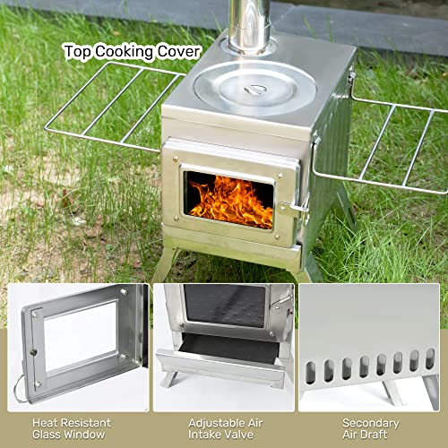 Camping Wood Stove, Portable Hot Tent Stove with Sectional Chimney Pipes, 304 Stainless Steel Wood Burning Stove for Tent Shelter and Cooking Heating
