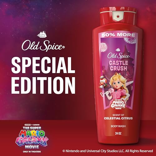 Image of Old Spice Body Wash for Men, x The Super Mario Galaxy Movie, 3X Defense, 24 /7 Shower Fresh with Long Lasting Scent, Smell Super with Castle Crush, Celestial Citrus Scent, 24 oz